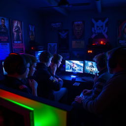 A group of Call of Duty Warzone tryhards gathered in a dimly-lit gaming room, intensely focused on their screens