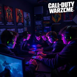 A group of Call of Duty Warzone tryhards gathered in a dimly-lit gaming room, intensely focused on their screens