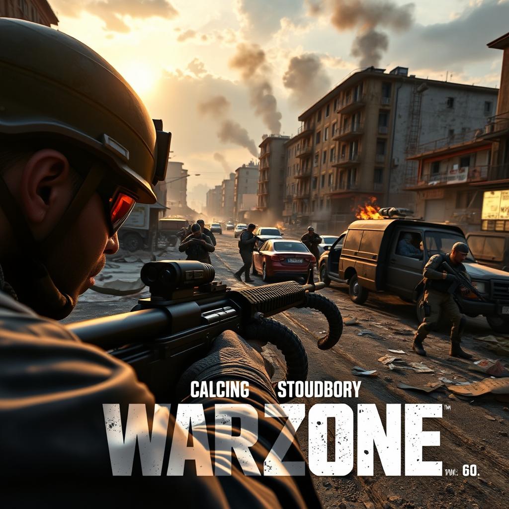 A highly detailed and dynamic scene from an intense Call of Duty: Warzone match, featuring a group of soldiers in tactical gear, engaging in combat in a war-torn urban environment