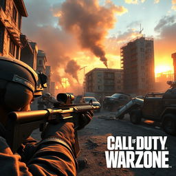 A highly detailed and dynamic scene from an intense Call of Duty: Warzone match, featuring a group of soldiers in tactical gear, engaging in combat in a war-torn urban environment