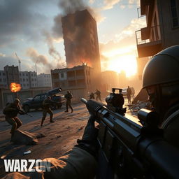 A highly detailed and dynamic scene from an intense Call of Duty: Warzone match, featuring a group of soldiers in tactical gear, engaging in combat in a war-torn urban environment