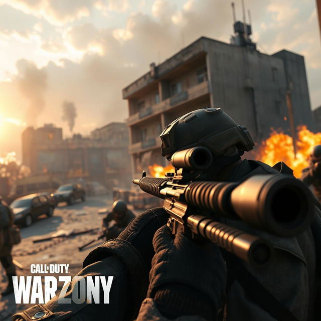 A highly detailed and dynamic scene from an intense Call of Duty: Warzone match, featuring a group of soldiers in tactical gear, engaging in combat in a war-torn urban environment