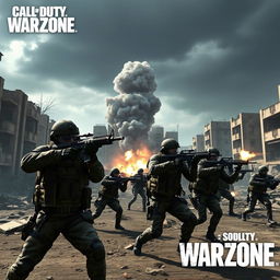 An intense and action-packed scene set in the universe of Call of Duty: Warzone, featuring a high-stakes military operation with soldiers in tactical gear engaged in combat