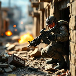 A detailed and realistic miniature scene from Call of Duty Warzone featuring a soldier equipped with the HRM9 weapon, engaging in combat