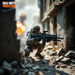 A detailed and realistic miniature scene from Call of Duty Warzone featuring a soldier equipped with the HRM9 weapon, engaging in combat