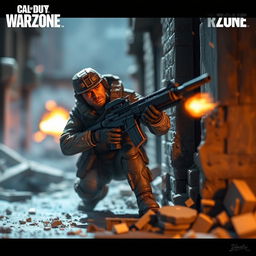 A detailed and realistic miniature scene from Call of Duty Warzone featuring a soldier equipped with the HRM9 weapon, engaging in combat