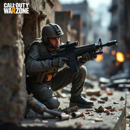 A detailed and realistic miniature scene from Call of Duty Warzone featuring a soldier equipped with the HRM9 weapon, engaging in combat