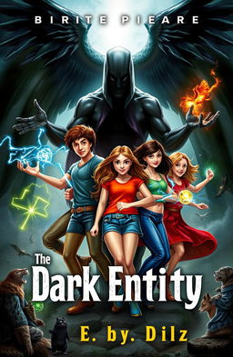 A captivating book cover featuring a group of five friends, each showcasing their unique powers: telekinesis, electrokinesis, super speed, illusion creation, and the ability to speak with animals