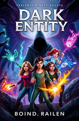 A captivating book cover featuring a group of five friends, each showcasing their unique powers: telekinesis, electrokinesis, super speed, illusion creation, and the ability to speak with animals