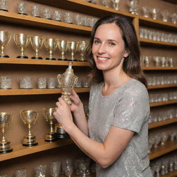 A triumphant woman delicately placing her newly won shimmering trophy on a full shelf, populated with an array of other gleaming awards proudly displayed.