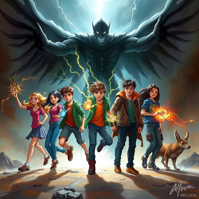 A vibrant scene depicting five friends with unique powers: Sofia harnessing telekinesis, Lucas controlling electrokinesis with sparks flying around him, Daniela dashing with incredible speed, Mateo conjuring mesmerizing illusions, and Marcos surrounded by animals as he communicates with them