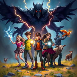 A vibrant scene depicting five friends with unique powers: Sofia harnessing telekinesis, Lucas controlling electrokinesis with sparks flying around him, Daniela dashing with incredible speed, Mateo conjuring mesmerizing illusions, and Marcos surrounded by animals as he communicates with them