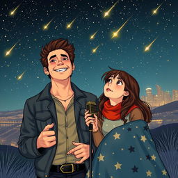 A captivating scene depicting a famous male singer with a charming smile, standing under a starry sky filled with shooting stars