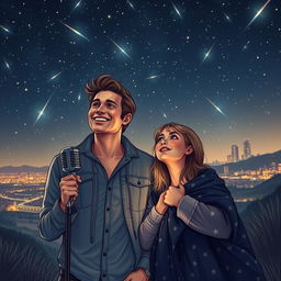 A captivating scene depicting a famous male singer with a charming smile, standing under a starry sky filled with shooting stars