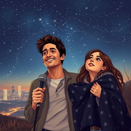 A captivating scene depicting a famous male singer with a charming smile, standing under a starry sky filled with shooting stars