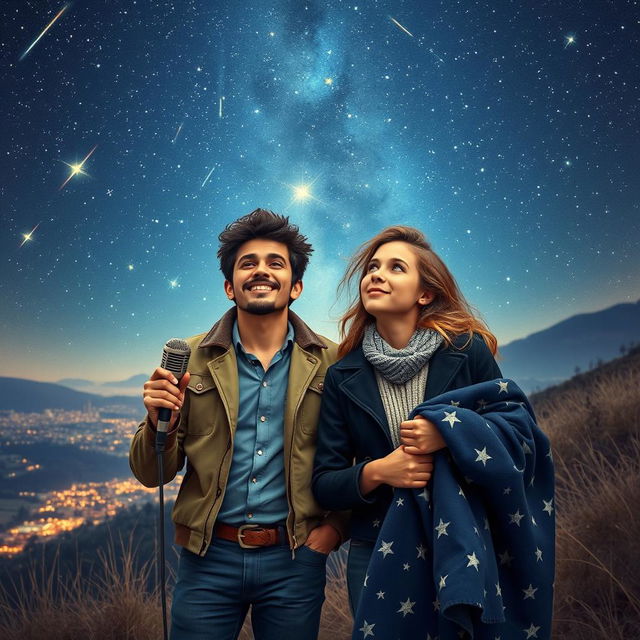 A captivating scene depicting a famous male singer with a charming smile, standing under a starry sky filled with shooting stars