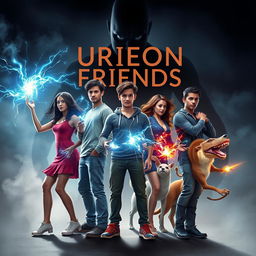 A striking book cover design featuring five university friends with extraordinary powers: Sofia utilizing telekinesis to levitate objects, Lucas generating electric sparks with his electrokinesis, Daniela depicted in a blur of motion representing her incredible speed, Mateo creating vibrant illusions that captivate the eye, and Marcos surrounded by diverse animals as he communicates with them