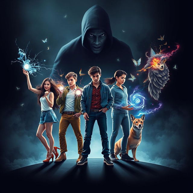 A striking book cover design featuring five university friends with extraordinary powers: Sofia utilizing telekinesis to levitate objects, Lucas generating electric sparks with his electrokinesis, Daniela depicted in a blur of motion representing her incredible speed, Mateo creating vibrant illusions that captivate the eye, and Marcos surrounded by diverse animals as he communicates with them