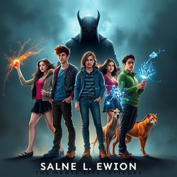 A striking book cover design featuring five university friends with extraordinary powers: Sofia utilizing telekinesis to levitate objects, Lucas generating electric sparks with his electrokinesis, Daniela depicted in a blur of motion representing her incredible speed, Mateo creating vibrant illusions that captivate the eye, and Marcos surrounded by diverse animals as he communicates with them