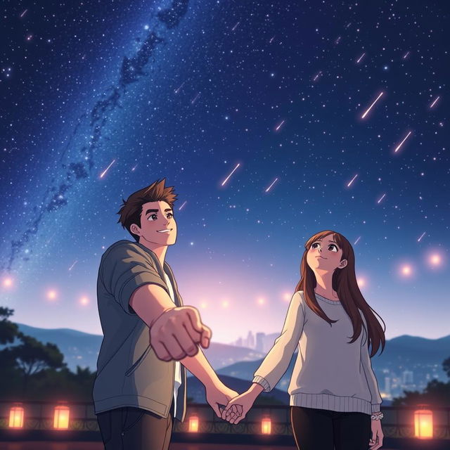 A poignant scene under a starry sky filled with shooting stars, featuring a famous male singer with a charismatic smile, holding hands with a normal-looking girl