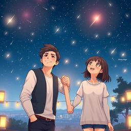 A poignant scene under a starry sky filled with shooting stars, featuring a famous male singer with a charismatic smile, holding hands with a normal-looking girl