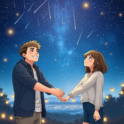 A poignant scene under a starry sky filled with shooting stars, featuring a famous male singer with a charismatic smile, holding hands with a normal-looking girl