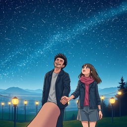 A poignant scene under a starry sky filled with shooting stars, featuring a famous male singer with a charismatic smile, holding hands with a normal-looking girl