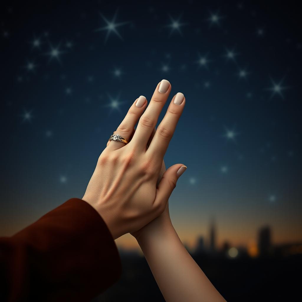 A close-up scene focusing solely on the hands of a famous male singer and a normal-looking girl, interlaced together against a starry night sky filled with shooting stars