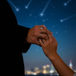 A close-up scene focusing solely on the hands of a famous male singer and a normal-looking girl, interlaced together against a starry night sky filled with shooting stars