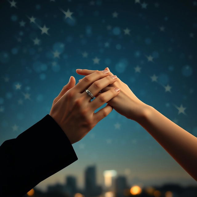 A close-up scene focusing solely on the hands of a famous male singer and a normal-looking girl, interlaced together against a starry night sky filled with shooting stars