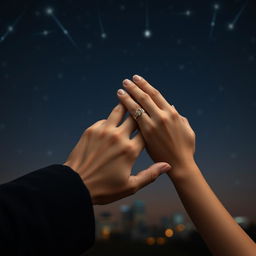 A close-up scene focusing solely on the hands of a famous male singer and a normal-looking girl, interlaced together against a starry night sky filled with shooting stars