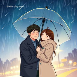 A heartwarming scene featuring a famous male singer and an ordinary girl, embraced under a shared umbrella while standing beneath a mesmerizing starry sky filled with shooting stars