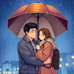 A heartwarming scene featuring a famous male singer and an ordinary girl, embraced under a shared umbrella while standing beneath a mesmerizing starry sky filled with shooting stars