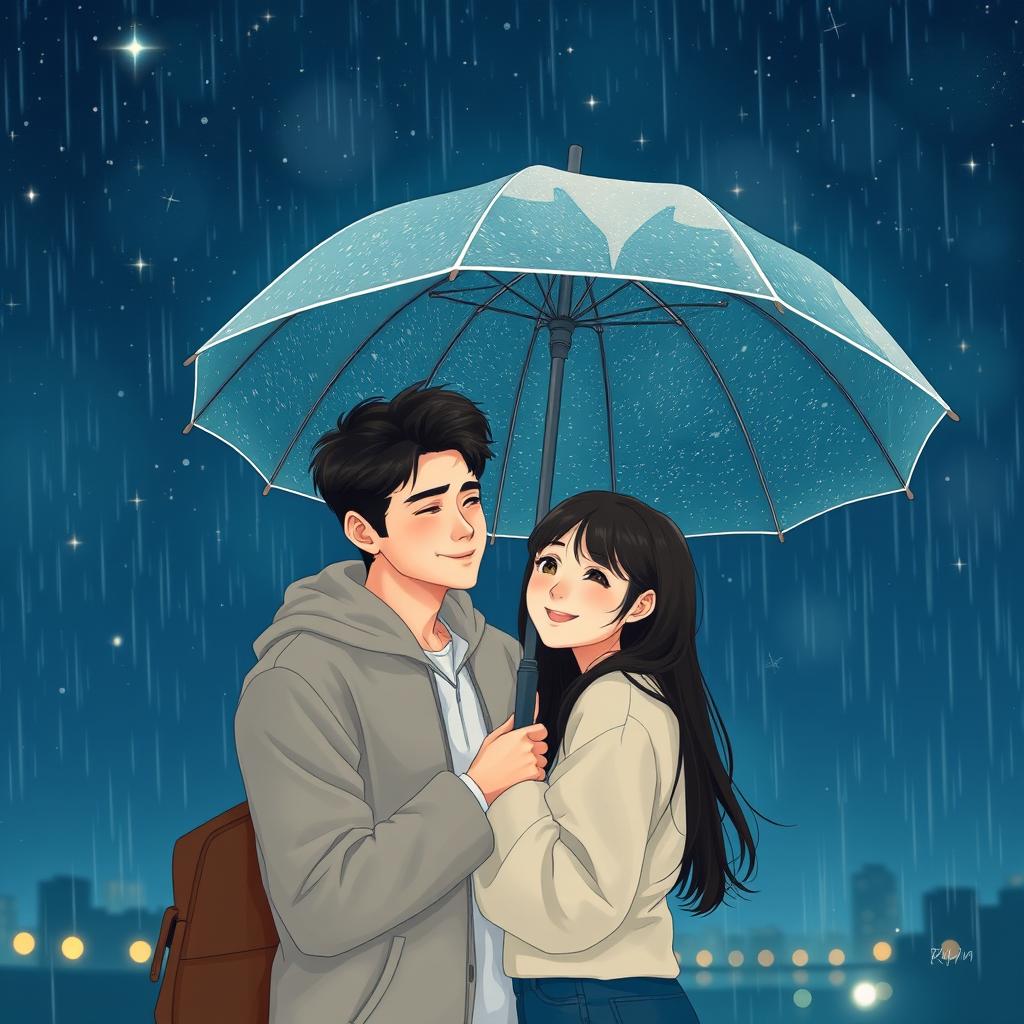 A heartwarming scene featuring a famous male singer and an ordinary girl, embraced under a shared umbrella while standing beneath a mesmerizing starry sky filled with shooting stars