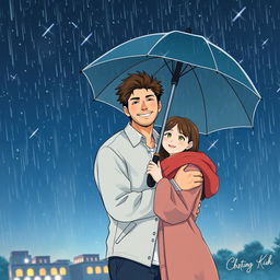 A heartwarming scene featuring a famous male singer and an ordinary girl, embraced under a shared umbrella while standing beneath a mesmerizing starry sky filled with shooting stars