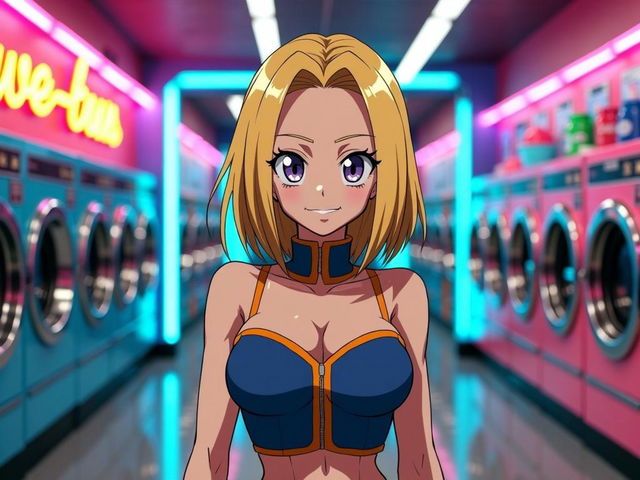 A stunning depiction of Android 18 from Dragon Ball Z as a beautiful anime waifu, showcasing her iconic blonde hair and distinctive outfit