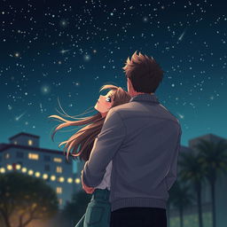 A touching scene under a starry sky filled with shooting stars, featuring a famous male singer embracing a normal-looking girl from behind