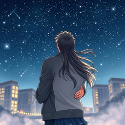 A touching scene under a starry sky filled with shooting stars, featuring a famous male singer embracing a normal-looking girl from behind