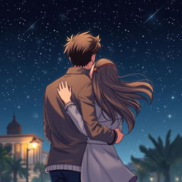 A touching scene under a starry sky filled with shooting stars, featuring a famous male singer embracing a normal-looking girl from behind