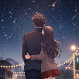 A touching scene under a starry sky filled with shooting stars, featuring a famous male singer embracing a normal-looking girl from behind