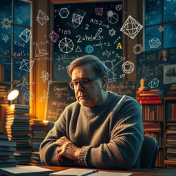 A visually stunning representation of a mathematician deep in thought, surrounded by intricate mathematical equations and various geometric shapes floating in the air