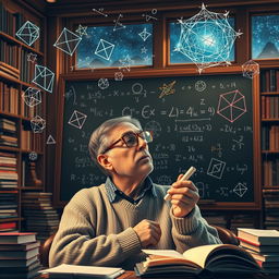 A visually stunning representation of a mathematician deep in thought, surrounded by intricate mathematical equations and various geometric shapes floating in the air