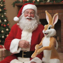 A delightful, festive scene of Santa Claus sharing a humorous, joyful moment with Lola Bunny.