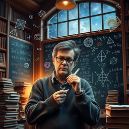 A visually stunning representation of a mathematician deep in thought, surrounded by intricate mathematical equations and various geometric shapes floating in the air