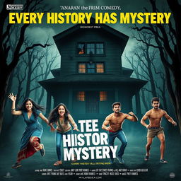 A horror comedy film poster titled 'Every History Has Mystery', featuring two beautiful modern 25-year-old Indian women and three handsome well-built 30-year-old Indian men, all in dynamic, different positions as they frantically try to escape from a towering, spooky bungalow set in a chilling forest