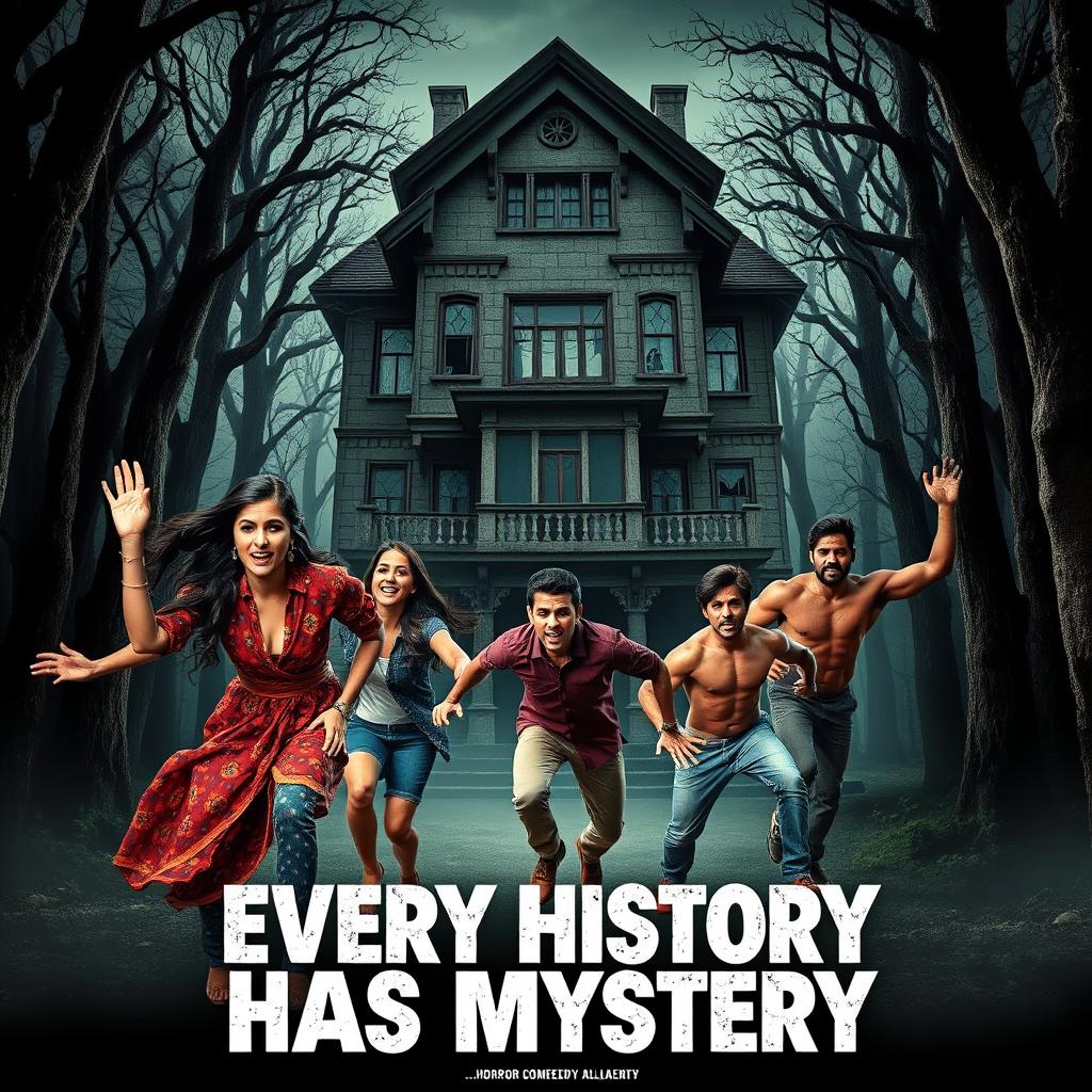 A horror comedy film poster titled 'Every History Has Mystery', featuring two beautiful modern 25-year-old Indian women and three handsome well-built 30-year-old Indian men, all in dynamic, different positions as they frantically try to escape from a towering, spooky bungalow set in a chilling forest