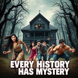 A horror comedy film poster titled 'Every History Has Mystery', featuring two beautiful modern 25-year-old Indian women and three handsome well-built 30-year-old Indian men, all in dynamic, different positions as they frantically try to escape from a towering, spooky bungalow set in a chilling forest