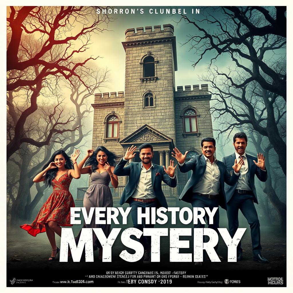 A horror comedy film poster titled 'Every History Has Mystery', featuring two beautiful modern 25-year-old Indian women dressed in stylish western dresses, alongside three handsome well-built 30-year-old Indian men in sharp, tailored outfits