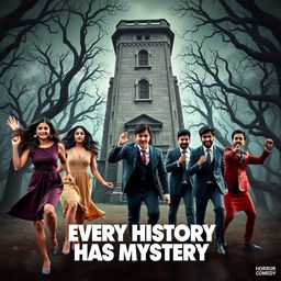 A horror comedy film poster titled 'Every History Has Mystery', featuring two beautiful modern 25-year-old Indian women dressed in stylish western dresses, alongside three handsome well-built 30-year-old Indian men in sharp, tailored outfits