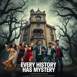 A horror comedy film poster titled 'Every History Has Mystery', featuring two beautiful modern 25-year-old Indian women dressed in stylish western dresses, alongside three handsome well-built 30-year-old Indian men in sharp, tailored outfits